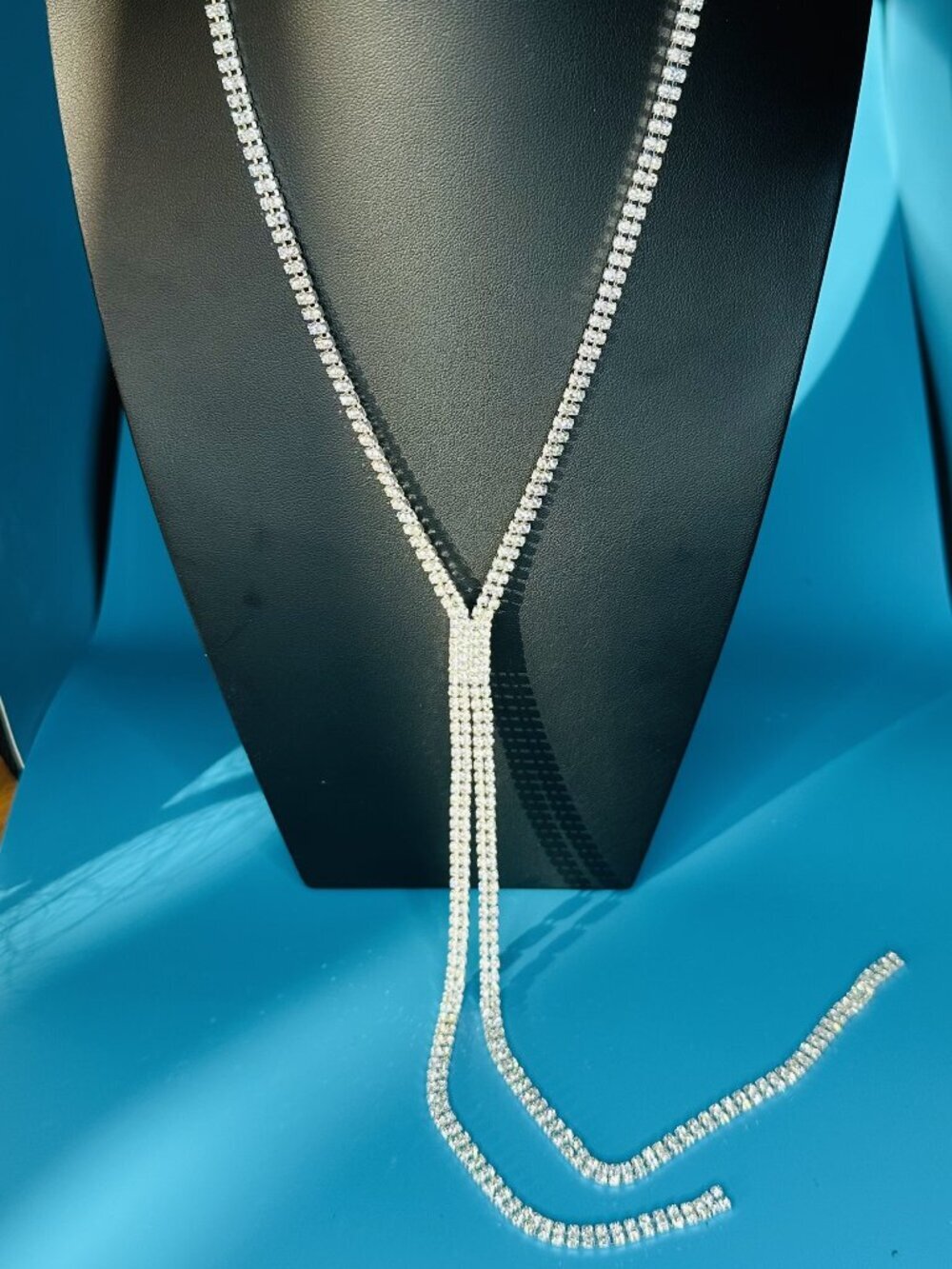 Silver Rhinestone Y Necklace Long Drop Necklace Elegant Sparkly Statement - Picture 10 of 10